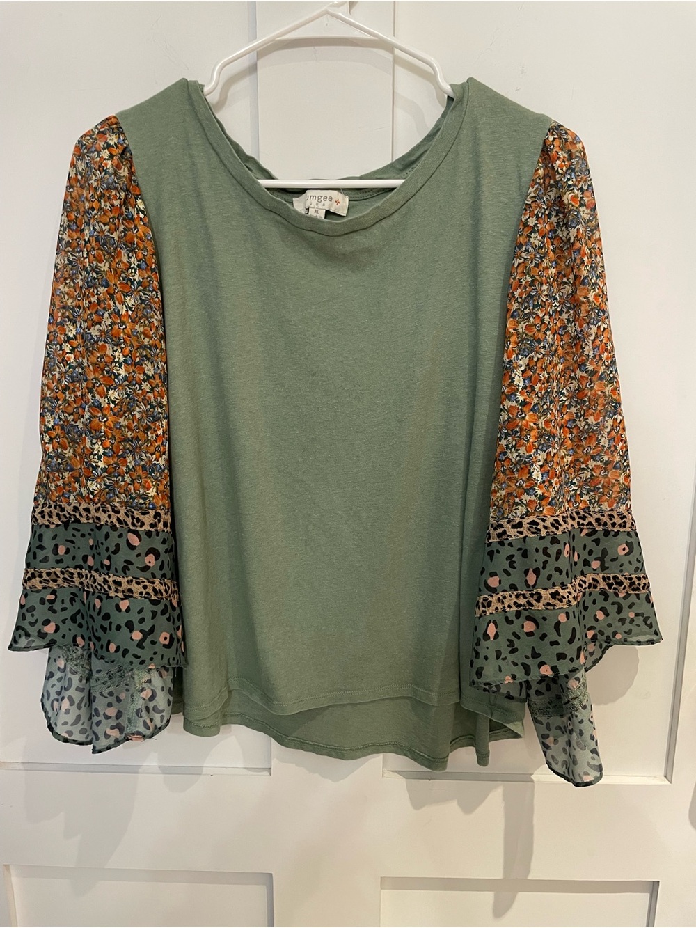 Umgee Green Floral Knit Round Neck Ruffle 3/4 Bell Sleeve Pullover Top XL
